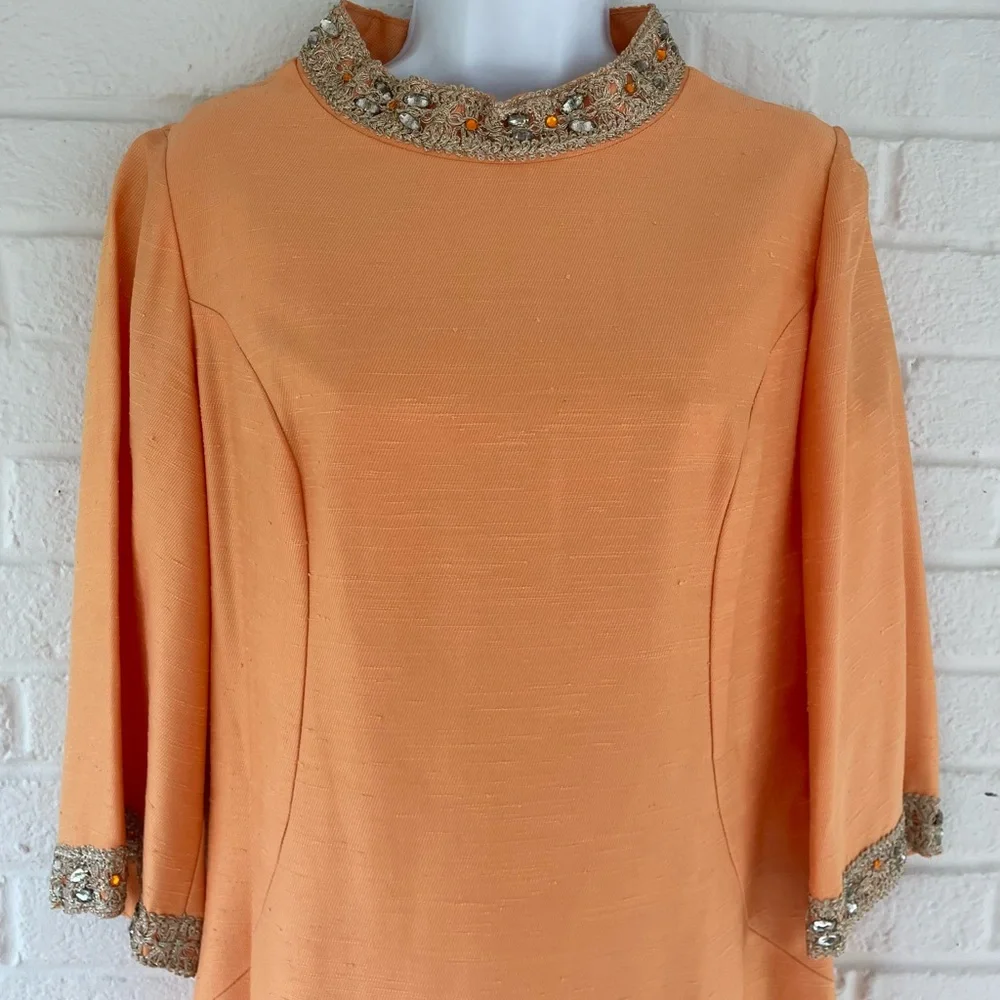 Bespoke Vintage Orange Shantung Silk Dress with Embellished Neckline - Picture 2 of 10